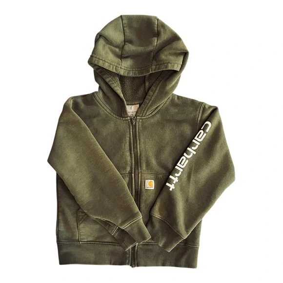 Warm Carhartt Olive Green Toddler 4T Logo Zip-Up Hoodie - Great Condition - Fall - Picture 3 of 5